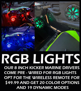Our eight inch kicker marine drivers come pre-wired for RGB lights opt for the wireless remote and get 20 color options and 19 dynamic modes
